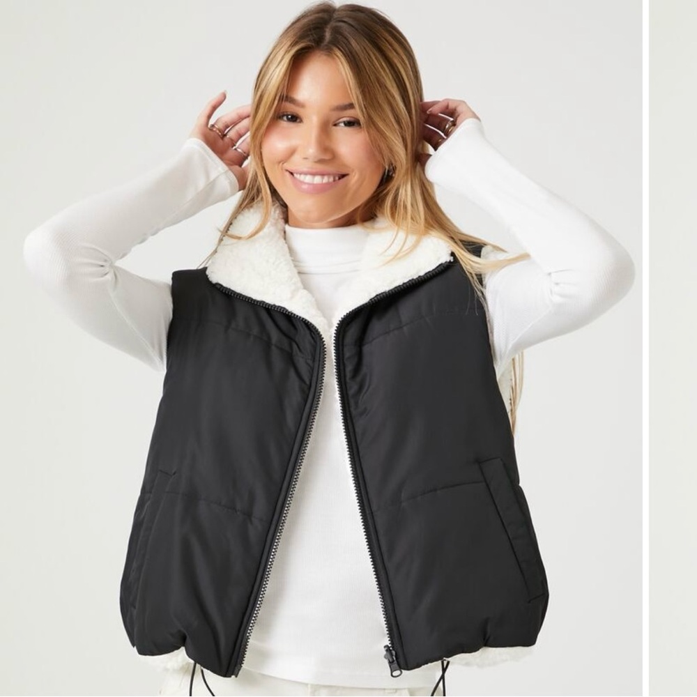 Black and White Quilted Vest with High Collar